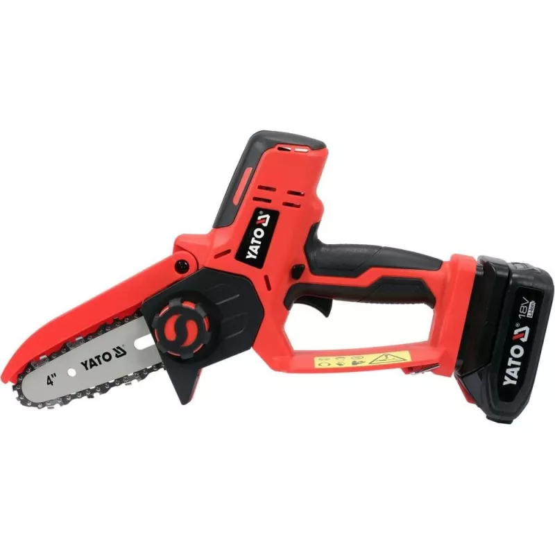 Akumulatora ķēdes zāģis YATO YT-828135 — 18V Li-Ion 2Ah, 10 cm sliede, 3200 RPM, 4,8 m/s ķēdes ātrums, 26 posmi