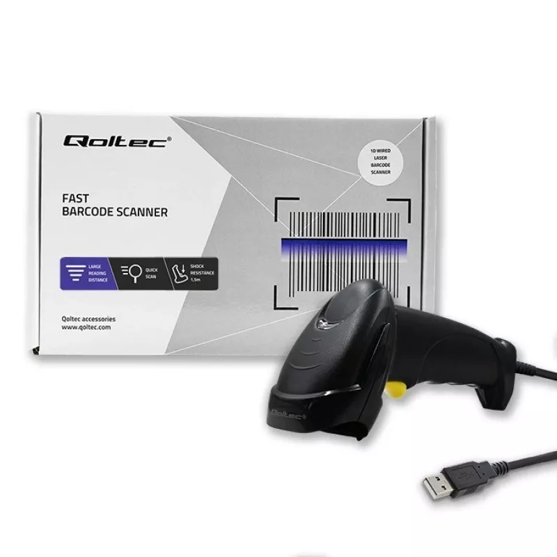 Qoltec 1D lāzera svītrkodu lasītājs | USB | Melns