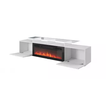 TV skapis Cama Meble ROVA ar elektrisko kamīnu 190x37x48 cm balts/spīdīgi balts