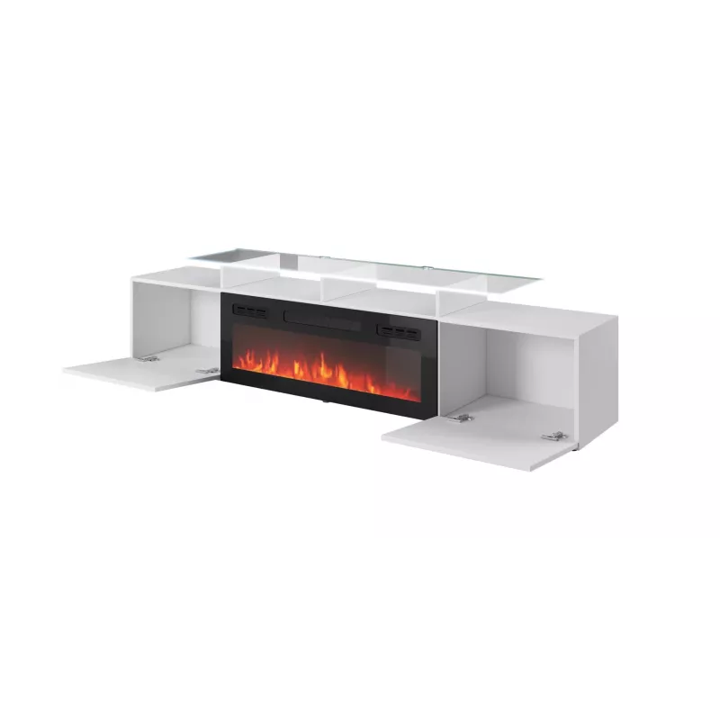 TV skapis Cama Meble ROVA ar elektrisko kamīnu 190x37x48 cm balts/spīdīgi balts