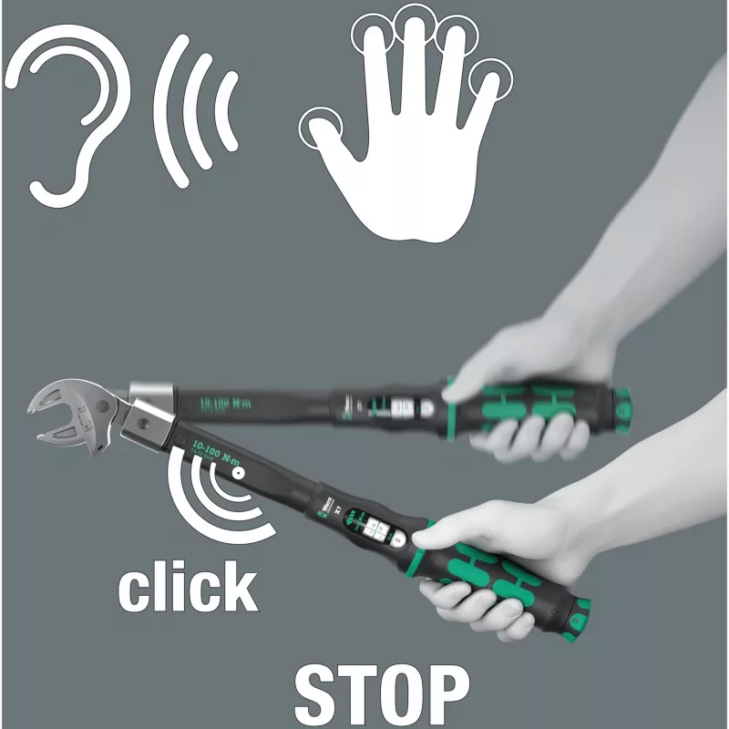 Griezes momenta piederumi Wera Click-Torque X 7 ar melni zaļu rokturi, kvadrātveida piedziņas ieliktnis 14x18 mm