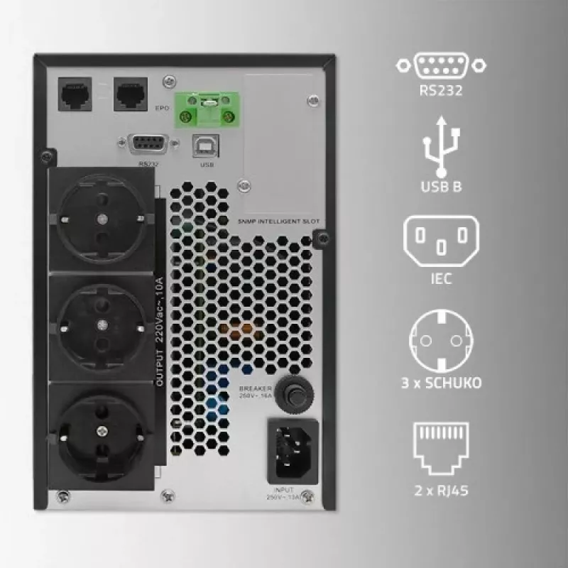 Qoltec 52281 nepārtrauktās barošanas avots (UPS) Dubultās pārveidošanas (Online) 2 kVA 2000 W 3 × F tipa kontaktligzdas