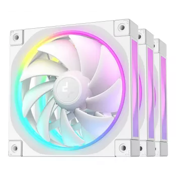 12 cm korpusa ventilators DeepCool FL12 WH — 3 gab. komplekts, 120×120×25 mm, 2150 RPM, 55 CFM, Fluid Dynamic Bearing, PWM, multi-LED, 4-pin