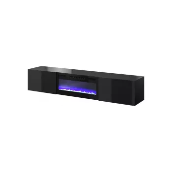 TV skapis Cama Meble SLIDE 200K ar elektrisko kamīnu 200×40×37 cm spīdīgi melns, MDF durvis, skaidu plātnes rāmis
