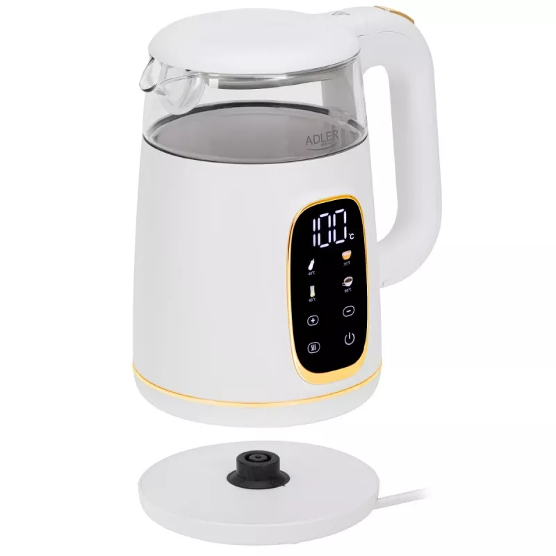 Elektriskā tējkanna Adler AD 1305WG — 1,7 l, 2200 W, stikls/plastmasa, balts/zelta/caurspīdīgs