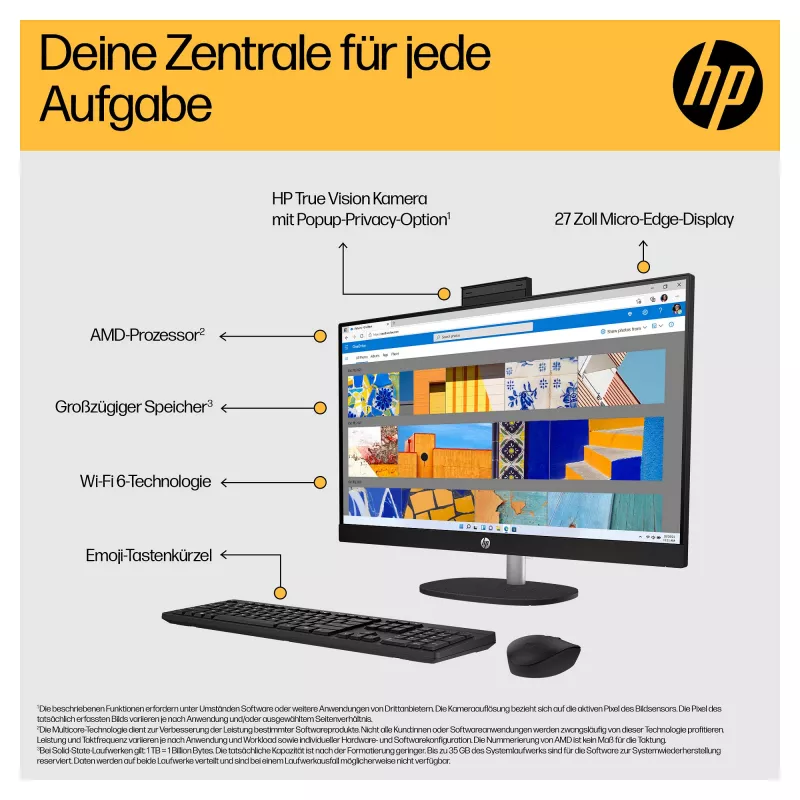 HP 27-cr0471ng - Viss-vienā (pilnīgs risinājums) - Ryzen 7 7730U - RAM 16 GB - SSD 512 GB - NVMe - Radeon Graphics - 1GbE, Wi-Fi 6, Bluetooth - WLAN: 802.11a/b/g/n/ac/ax, Bluetooth