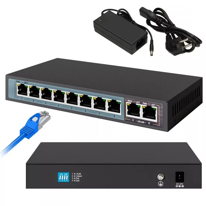 Extralink PoE slēdzis CERES 8x 100Mb/s PoE/PoE+, 2x RJ45 Uplink 100Mb/s, 96W