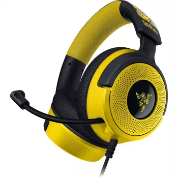 Austiņas Razer Kraken V4 X Pokemon — vadu USB-C/USB-A, supraaurālas, 20–20000 Hz, 1,8 m kabelis, 310 g, melnas/dzeltenas