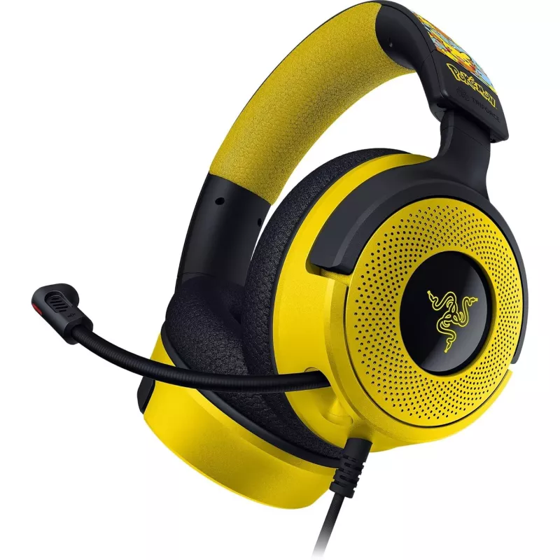 Austiņas Razer Kraken V4 X Pokemon — vadu USB-C/USB-A, supraaurālas, 20–20000 Hz, 1,8 m kabelis, 310 g, melnas/dzeltenas
