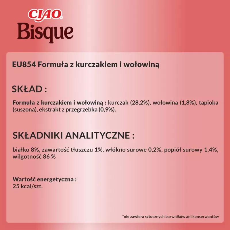 Mitrs kaķu kārums INABA Ciao Bisque — Vistas gaļa ar liellopu gaļu, 40 g paciņa, bez graudiem, bez cukura
