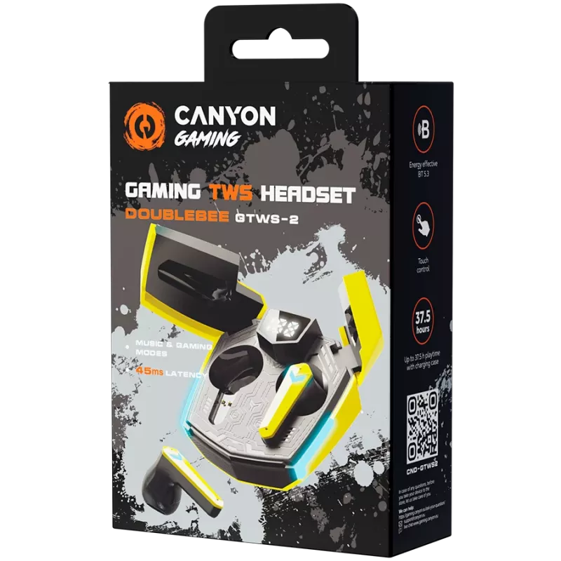 Canyon GTWS-2 Bezvadu ausu āķa austiņas spēlēm USB Type-C uzlādes doks Dzeltens (CND-GTWS2Y)