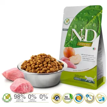 Sausā kaķu barība Farmina N&D Prime Adult 5 kg — brieža gaļa un ābols, proteīns 44%, tauki 20%