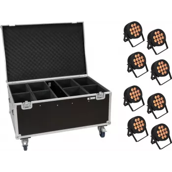 LED PAR gaismas komplekts EUROLITE 20000881 — 8 prožektori, 12x8W QCL, iekļauts lidojuma koferis ar riteņiem