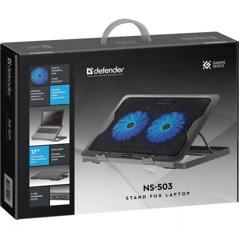 Piezīmjdatora dzesēšanas paliktnis DEFENDER NS-503 līdz 43,2 cm (17 collu) portatīvajiem datoriem, 2 ventilatori, USB barošana, melns