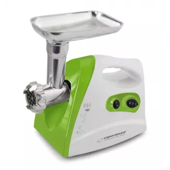 Gaļas maļamā mašīna ESPERANZA EKM012G — 600 W, nerūsējošā tērauda asmens, desu pildīšanas uzgalis, kebe pagatavotājs, reverss, neslīdošās pēdiņas, balta/zaļa