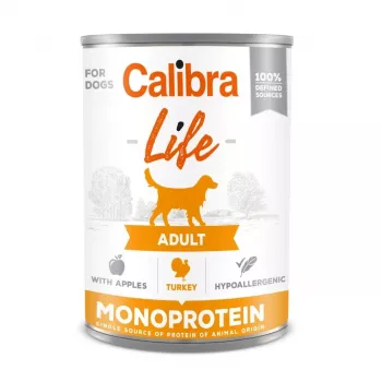 Mitrā suņu barība Calibra Life Adult Turkey with Apples 400 g — pilnvērtīga konservēta barība, 9% olbaltumvielu, 7% tauku, bez graudiem