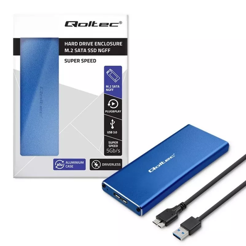 SSD korpuss QOLTEC 51832 — ārējais M.2 SATA, USB 3.0, līdz 2TB, zils, atbalsta 30 mm diskus, 4 sloti