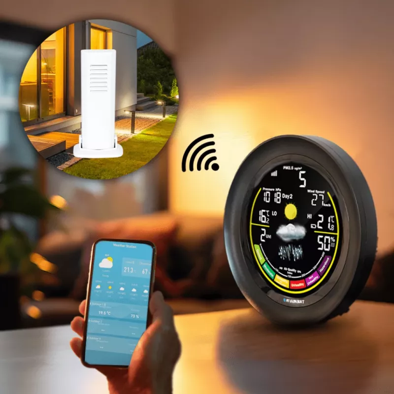 BLAUPUNKT WS35BK APP laika stacija — LCD displejs, temperatūra un mitrums, modinātājs, kalendārs, lietotnes savienojamība, 94×94×27 mm