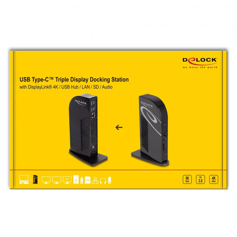 DeLOCK USB Type-C trīskāršā displeja dokstacija 4K USB centrmezgls LAN audio PD 96 W