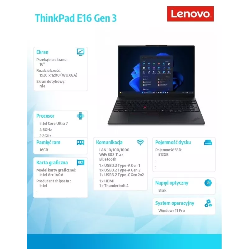 Lenovo ThinkPad E16 G3 22AY001SPB — Intel Ultra 7, 16,0 collas WUXGA, 16 GB RAM, 512 GB SSD, Windows 11 Pro, melnā krāsā, 1 gada garantija