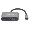 Manhattan USB-C dokstacija/sadalītājs, pieslēgvietas (x4): HDMI, USB-A, USB-C un VGA, ar strāvas padevi (PD) 87W - nepieciešams ārējs USB-C lādētājs (nav iekļauts). Darbināms ar USB (nav nepieciešams ārējs barošanas avots), kad PD netiek izmantots, alumīnija korpuss
