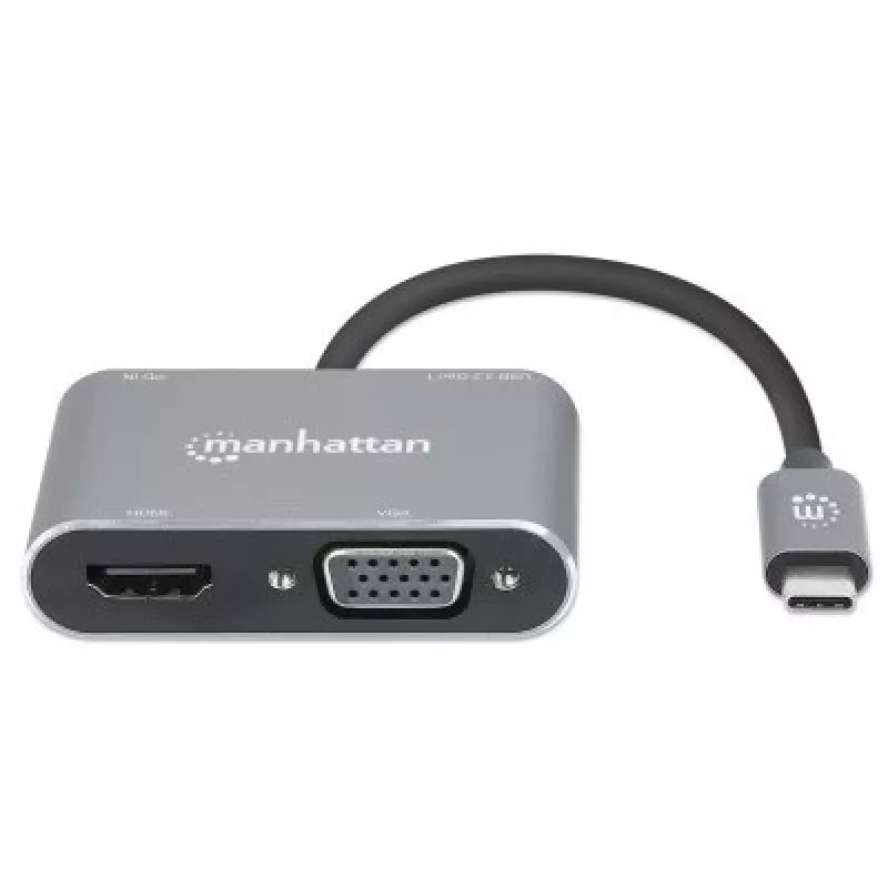 Manhattan USB-C dokstacija/sadalītājs, pieslēgvietas (x4): HDMI, USB-A, USB-C un VGA, ar strāvas padevi (PD) 87W - nepieciešams ārējs USB-C lādētājs (nav iekļauts). Darbināms ar USB (nav nepieciešams ārējs barošanas avots), kad PD netiek izmantots, alumīnija korpuss