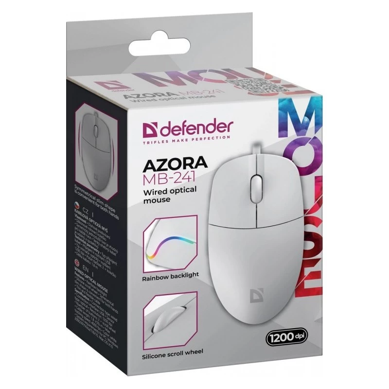 Vadu pele DEFENDER AZORA MB-24 — piemērota abām rokām USB optiskā, 1200 DPI, 3 izšķirtspējas režīmi, balta, 109×86×34 mm