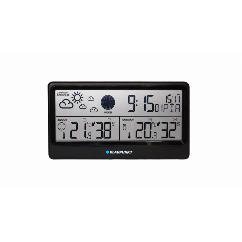 Laika stacija BLAUPUNKT WS20BK — iekštelpu/āra temperatūras un mitruma displejs, melna, 1 sensors, LCD, darbināma ar baterijām