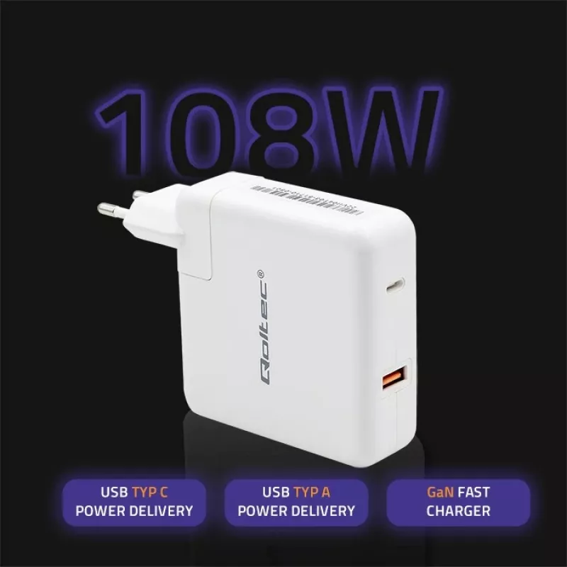 Qoltec GaN lādētājs FAST 108W | 5-20V | 3-4.7A | USB C | Balts
