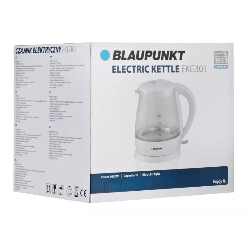 Elektriskā tējkanna BLAUPUNKT 1 L 1630 W Balta — stikla korpuss, 360° pamatne, pogas vāks