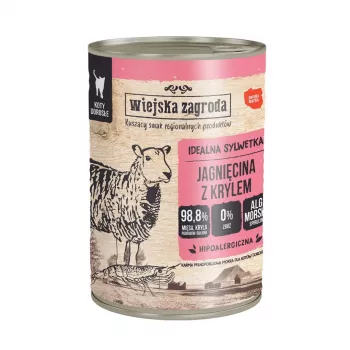 Mitrā kaķu barība wiejskazagroda Jērs ar kriliem 400 g — pieaugušiem kaķiem, bez graudiem, kārba