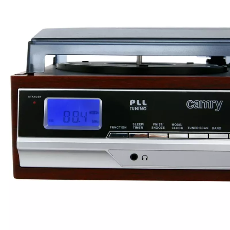Audio atskaņotājs Camry CR 1168 — melns ar koka apdari, 33/45 RPM, iebūvēti skaļruņi, RCA izeja