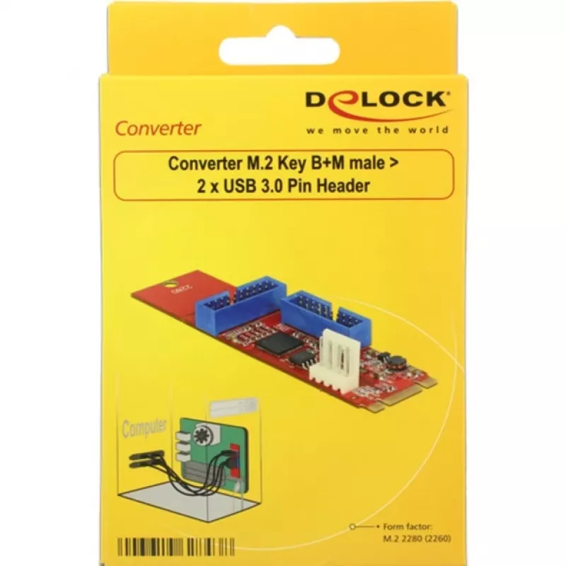 Delock Converter M.2 Key B+M vīrietis > 2 x USB3.0 Pin Header - USB-Adapteris - M.2 Karte - USB3.0 (iekšējais) x 2 (62843)