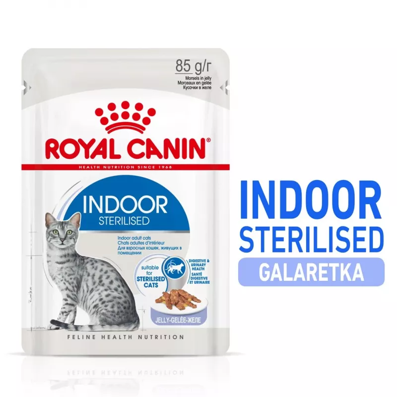 Mitrā kaķu barība Royal Canin Indoor Sterilized 85 g paciņa — pieaugušiem kastrētiem iekštelpu kaķiem, mājputnu garšas, iepakojumā 12 x 85 g