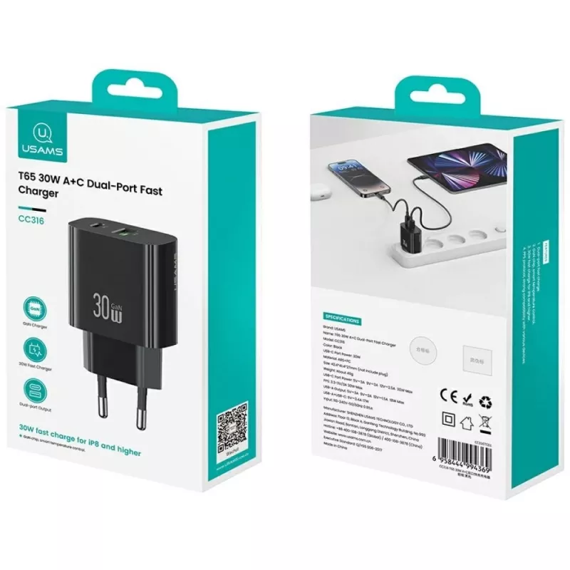usams Lādētājs USA001631 30W ar 1x USB-C un 1x USB-A ātro uzlādi