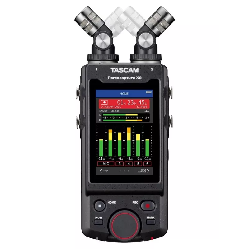 Portatīvais daudzceliņu audio ierakstītājs Tascam Portacapture X8 — 6 kanāli, 24/32 biti, līdz 96 kHz, 4 XLR/TRS kombinētās ieejas, SD karte, USB‑C, baterija vai tīkls