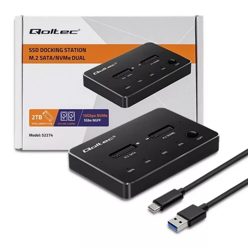 Qoltec 52274 M.2 SSD diskdziņu dokstacija | NVMe | SATA | USB-C | DUAL 2 x 2TB