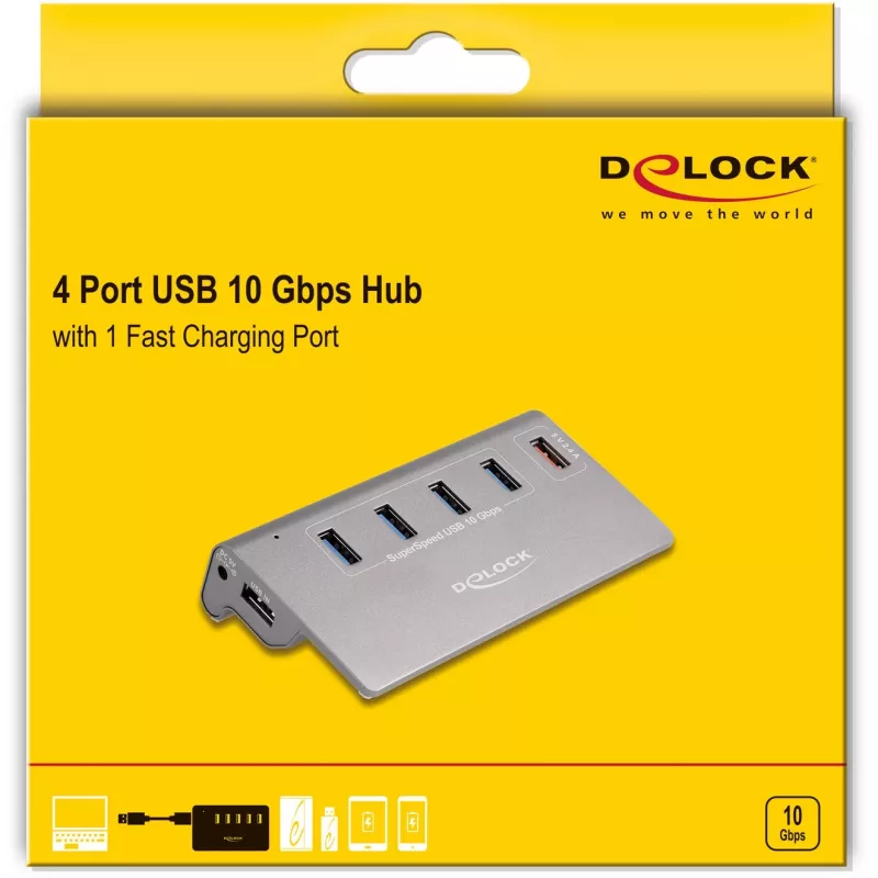 DeLOCK USB centrmezgls 10 Gbps 4 Type-A pieslēgvietas 1 ātrās uzlādes pieslēgvieta