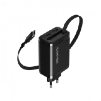 Lādētājs CANYON OnCharge 65RC ar iebūvētu USB-C vadu, 65W, 1x PD, 1x QC, ES kontaktdakša, melns