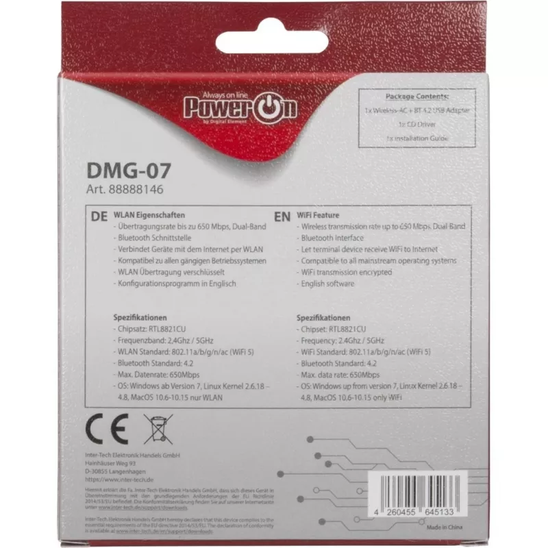 Inter-Tech DMG-07 - Bezvadu - USB - Wi-Fi / Bluetooth - Wi-Fi 5 (802.11ac) - 650 Mbit/s - Melns (88888146)