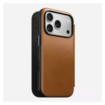 Atvāžamais tālruņa maciņš Nomad Modern Leather Folio iPhone 17 Pro, āda + alumīnijs, 6,3 collas (16 cm), iedegums, 3 karšu kabatas