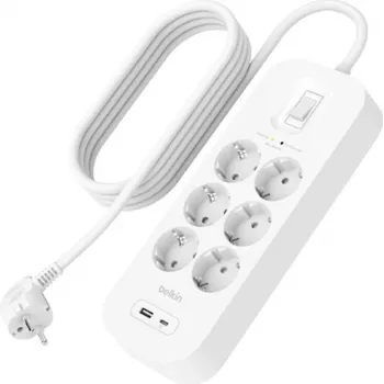 Pārsprieguma aizsargs Belkin SRB002VF2M‑V2 — 6 rozetes, 2 m kabelis, USB‑C un USB‑A pieslēgvietas