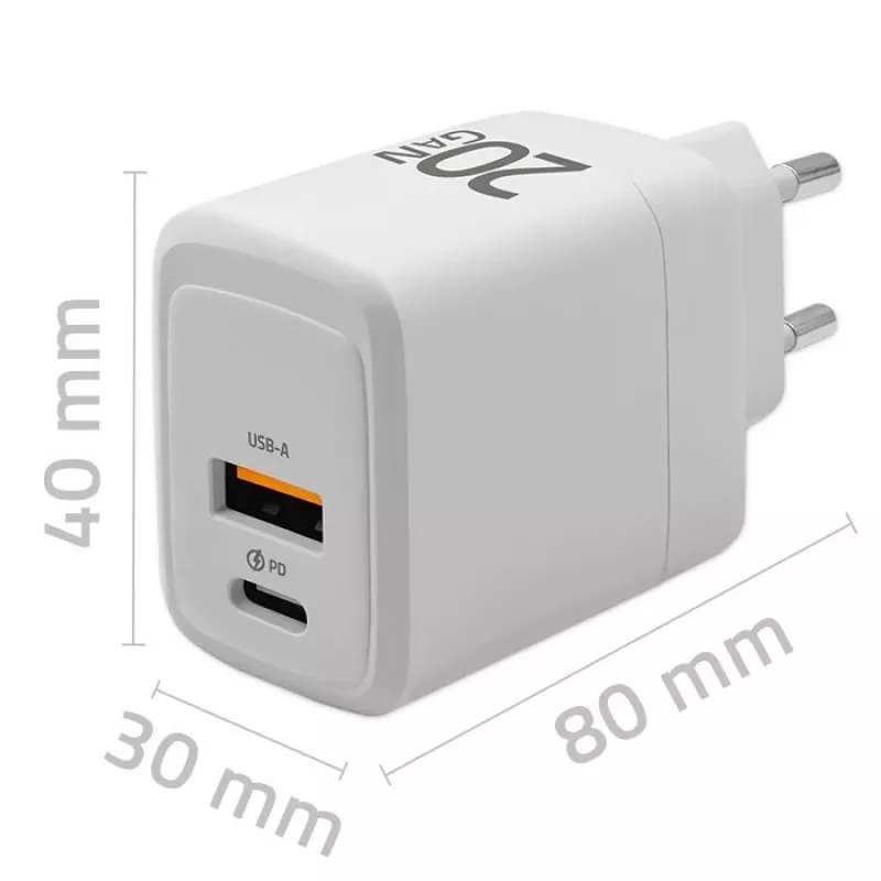 GaN lādētājs QOLTEC 51823 20W USB strāvas adapteris, 5V/20V izeja