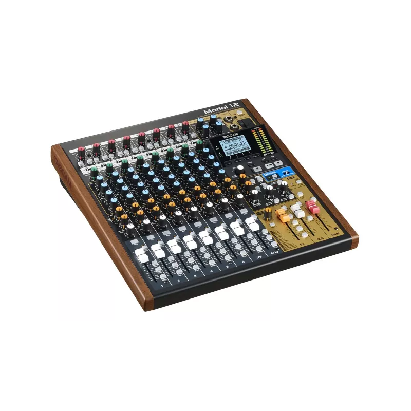 Mikseris Tascam Model 12 — 12 kanālu analogais/ciparu mikseris, 24 bitu, 48 kHz, USB‑C, SD karte, Bluetooth 5.0
