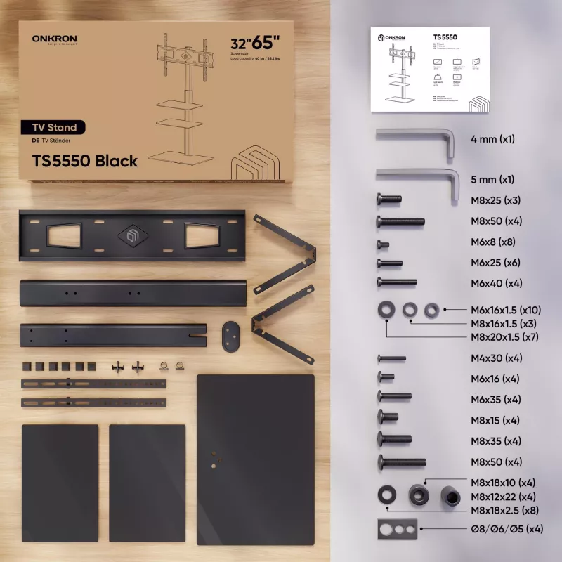 Grīdas TV statīvs ONKRON TS5550-B 32–65 collu (81,3–165,1 cm) ekrāniem, maks. slodze 30 kg, VESA 100x100–600x400, augstums 880–1080 mm, pagriešana ±25°