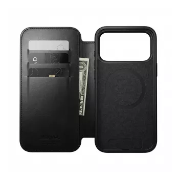 Viedtālruņa ādas futlāris Nomad Modern Leather Folio iPhone 17 Pro — melns Horween
