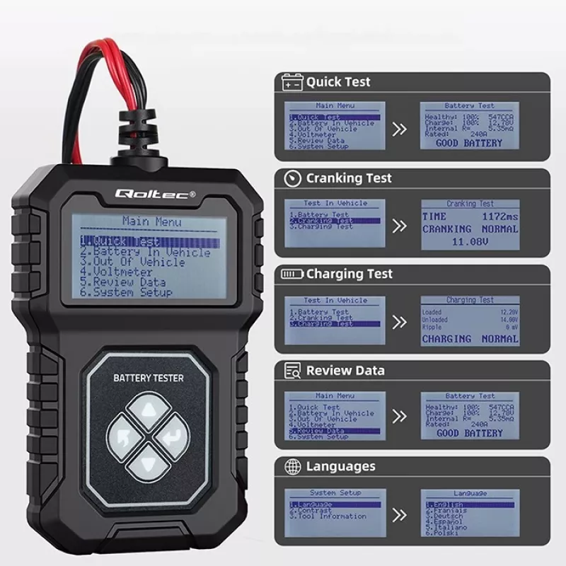 Qoltec Digitālais akumulatora testeris ar LCD | Poļu izvēlne | 12V | AGM | GEL | STD | 30-220AH