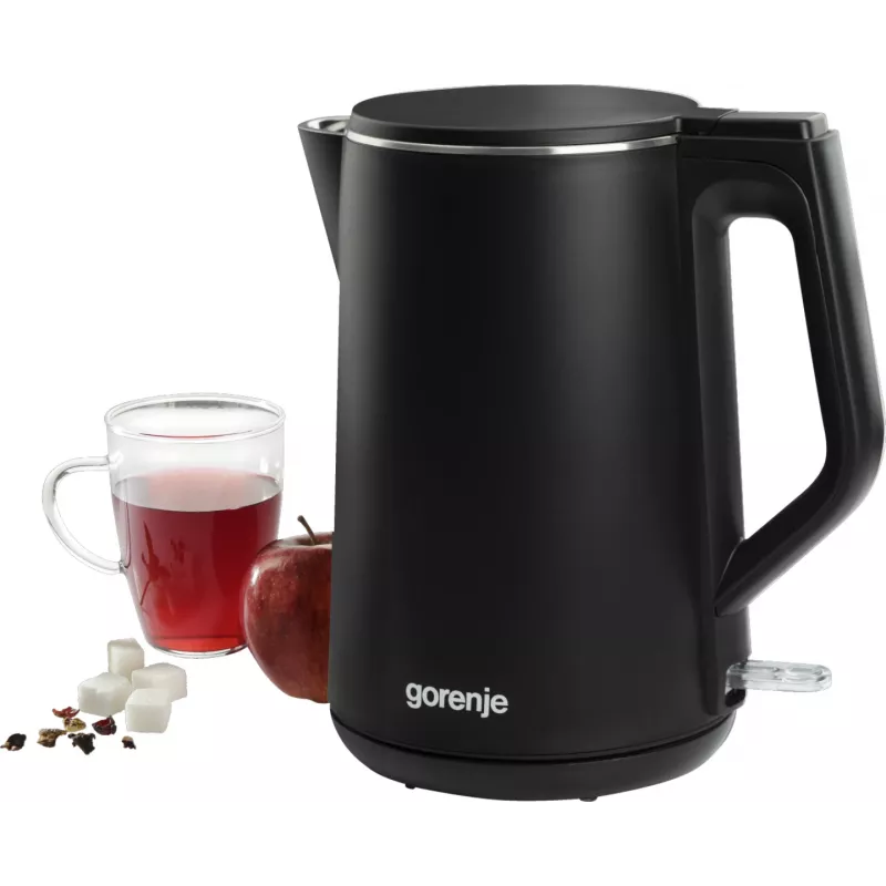 Elektriskā tējkanna Gorenje K15DWBK — 1,5 L, 2200 W, melna, pogu vadība, 360° pamatne