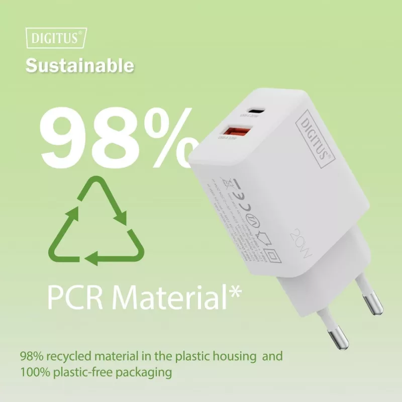 Maiņstrāvas USB lādētājs DIGITUS 20 W, 1x USB-C, 1x USB-A, ieeja 100–240 V, balts