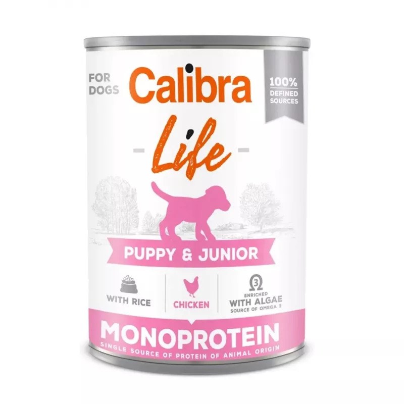 Slapjā suņu barība Calibra Puppy & Junior ar vistu un rīsiem 400 g — pilnvērtīga augšanas barība kucēniem, 78% mitruma, 9,5% olbaltumvielu, 7% tauku